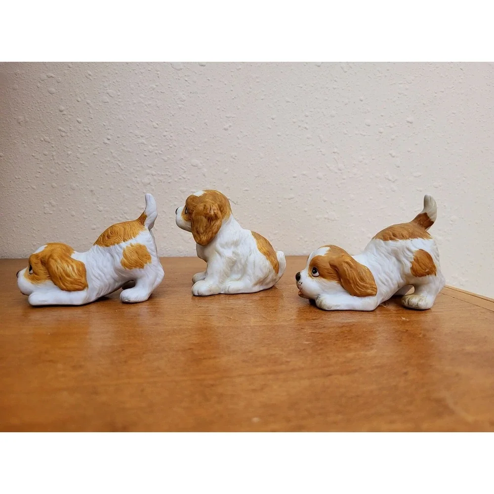 Set of 3 Vintage Homco Porcelain Bisque Spaniel Puppies #1407 Stamped w/ Sticker